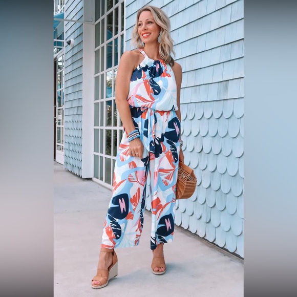 NWT Nordstrom Gibson belted halter romper, bright geometric print Sz M(8/10) - Picture 13 of 14